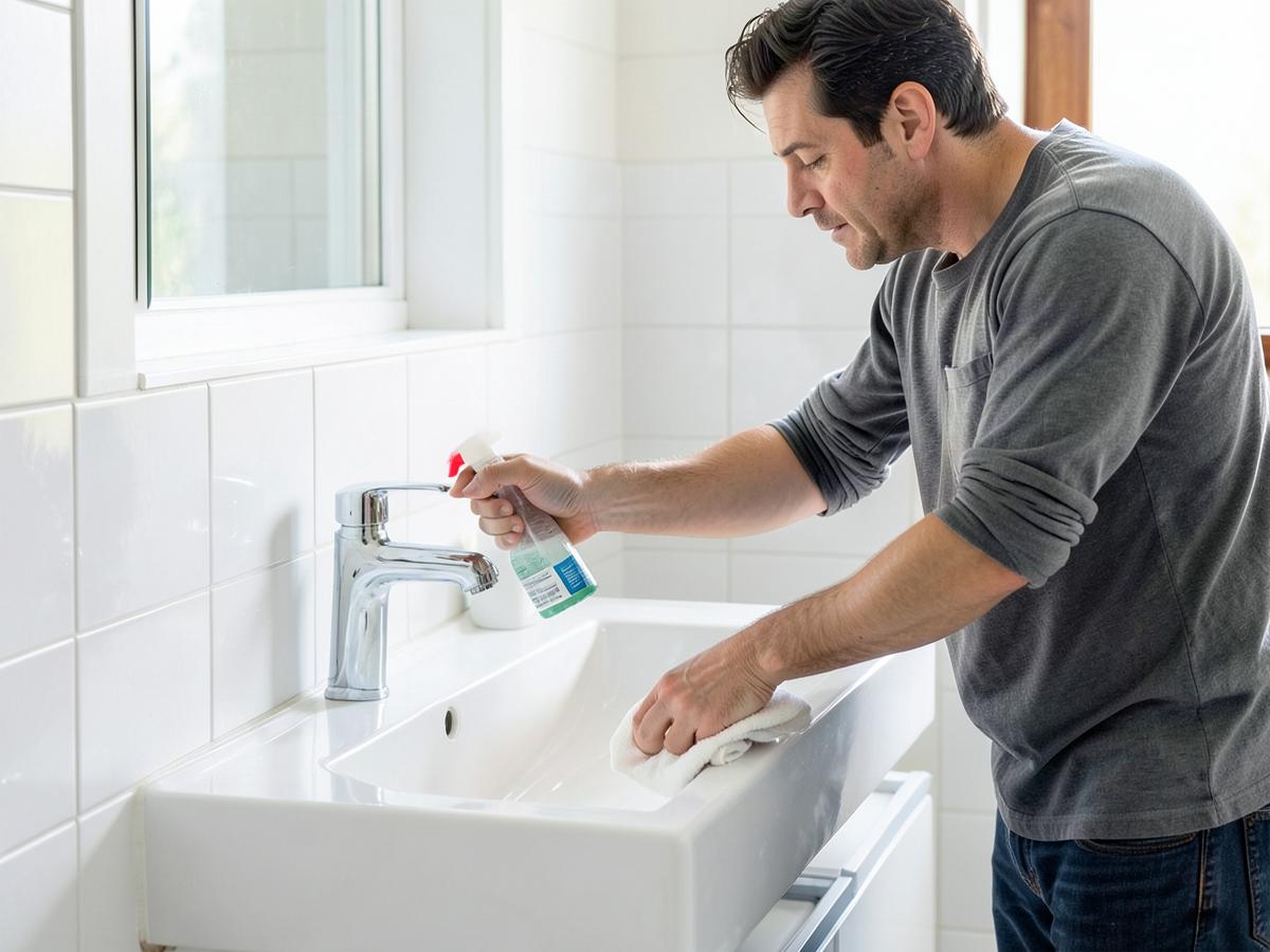 Bathroom sink being cleaned in a bright home