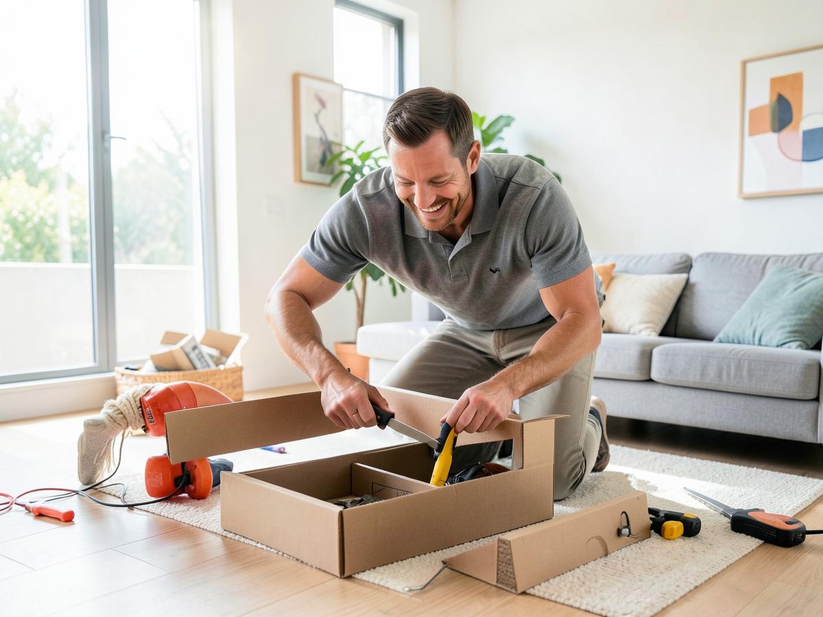 Flat-pack furniture being assembled in a living room